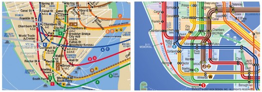 MTA map (left) compared to KickMap (right) | via kickmap.com