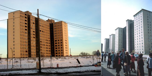 Robert Taylor Homes in Chicago, prior to their demolition in 2007 (l) and brand new in 1962 (r) | Images via lobstar28 and University of Illinois