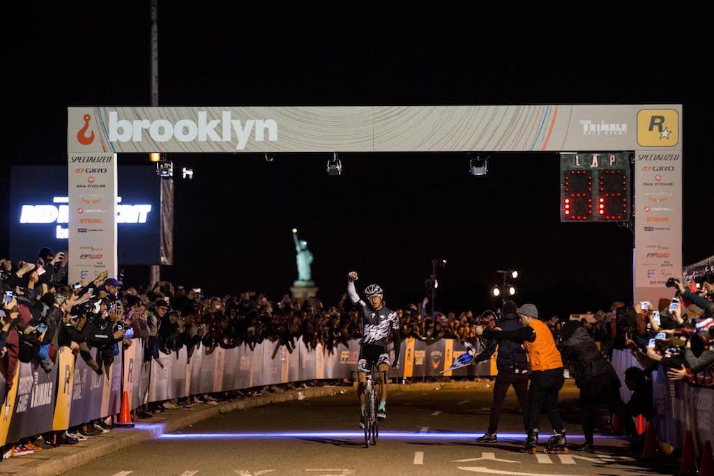 Red Hook Criterium finish line; the track-bike city race ends to cheering crowds in view of the Statue of Liberty. | Photo via 