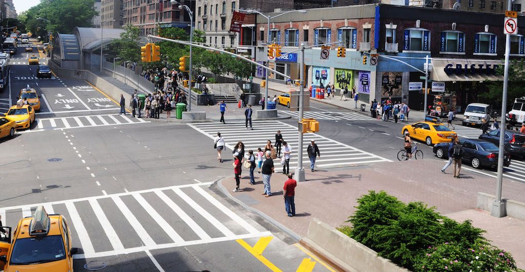 The 96th Street and Broadway intersection was redesigned after pedestrian fatalities in 2014 led the DOT to reconsider the street for walkers. | Image via NYC DOT
