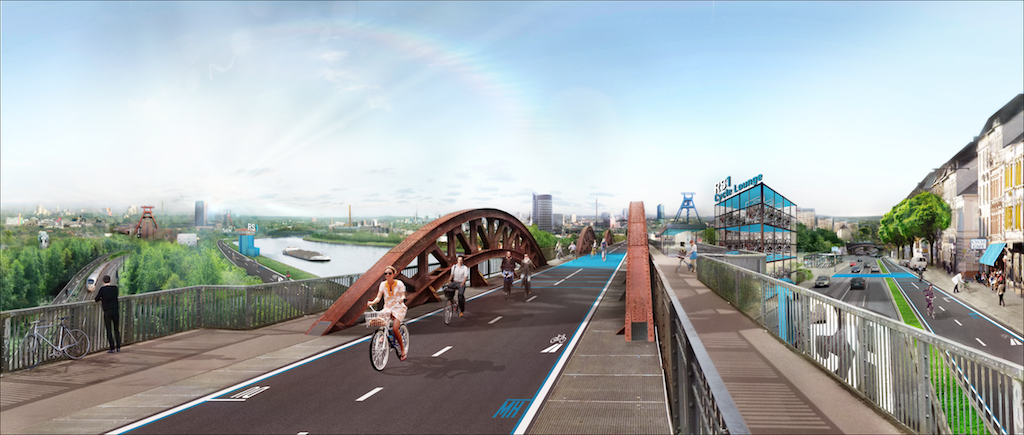 The old train bridge through Essen converted into the RS1; The RS1 will cross over other existing lines of city infrastructure without on-grade conflict, and contain specific bike amenities such as Cycle Lounges and maintenance stations. | Image via Metropole Ruhr