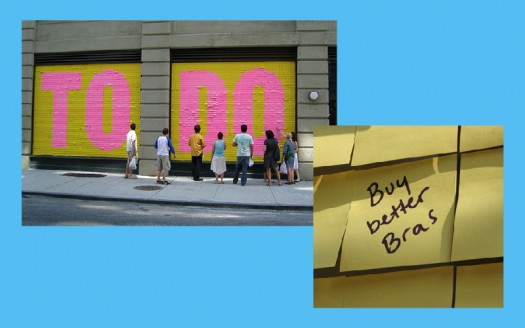 Inspired by Illegal Art's 2007 To Do installation, where blank Post-it notes covered storefront windows...