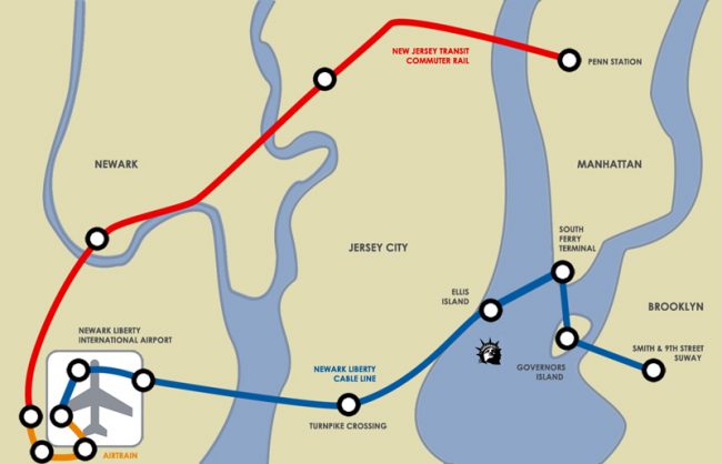 A possible Brooklyn-Governors Island-Manhattan-Newark Liberty Airport route (in blue) as compared to the current commuter rail route (in red).