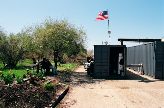The shipping containers provides storage, equipment, materials, and utilities and serve as the social hub for the community garden