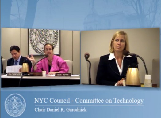 Council Members D. Garodnick and G. Brewer with DoITT Commissioner C. Post | Image from NYC Council Committee on Technology Live Stream