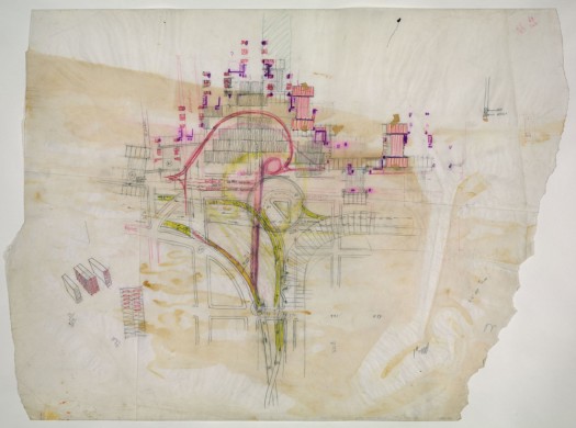 Paul Rudolph, Plan diagram of the HUB area showing transportation networks, 1970. Graphite and color pencil on paper with taped overlays of the same, 24 x 32 inches. Courtesy of the Paul Rudolph Archive, Library of Congress Prints and Photographs Division.