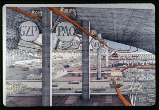 Paul Rudolph, Final rendering of the interior of the HUB including people mover, c. 1967-1972. Color slide. Courtesy of the Paul Rudolph Archive, Library of Congress Prints and Photographs Division.