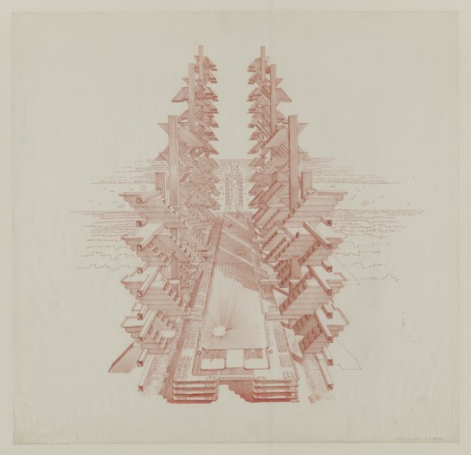 Paul Rudolph, Perspective rendering of vertical housing elements at the approach to the Williamsburg Bridge, 1970. Brown ink on paper, 29 x 30 inches. Courtesy of the Paul Rudolph Archive, Library of Congress Prints and Photographs Division.
