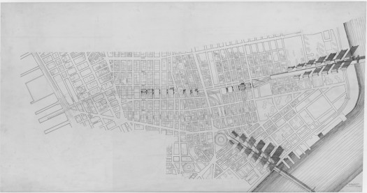 Paul Rudolph, Plan of overall project prior to the HUB development, 1970. Ink and graphite on mylar, 36 x 68 inches. Courtesy of the Paul Rudolph Archive, Library of Congress Prints and Photographs Division.