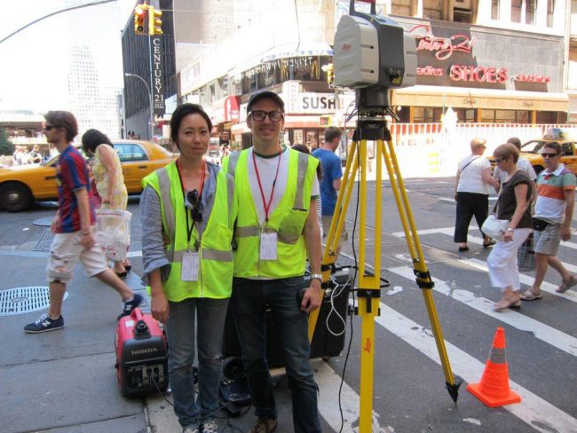 Han and Mihalyo on Broadway with the Leica Scanstation II. This scanner can work at distances of 60-700 feet, enough to reach a 50 story building from street level.