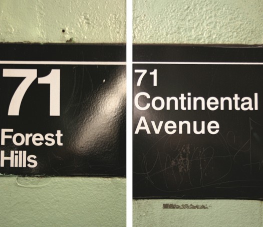 Platform signs at Forest Hill-71st Ave. Left sign is set in Standard; right sign in Helvetica | Courtesy of MIT Press 
