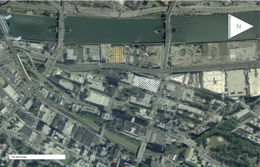 A Google satellite image of the Lower Concourse district showing the studio site
