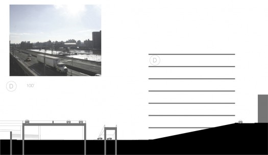 A section shows some of the challenges of the studio site - a change in section of 15 ft from east to west, and the elevated Major Deegan Expressway to the west. Photos were taken from a nearby parking structure to study the views to the Harlem River and Manhattan from different levels.