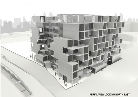 Students: Olga Anaya and Tamara Yurovsky | A building proposal on the south side of the lot stacks the comforts of the suburban house vertically, providing affordable housing units for families of different sizes. Each unit has a private and semi-private terrace, and access to the common vertical “street” with shared amenities