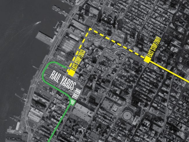The Hudson Yards redevelopment project in relation to the High Line (green) and the current/future route tracks of the 7 line (solid/dashed yellow)