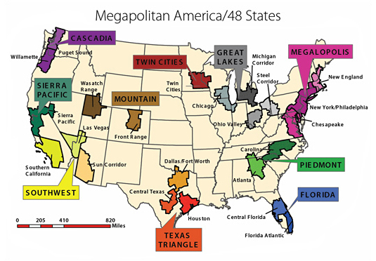 The 10 megapolitan clusters and 23 megapolitan areas of the contiguous 48 states by 2040. [Adapted from map by Grace Bjarnson, Metropolitan Research Center, University of Utah / Brookings Mountain West] | as published in Megapolitan America for Places