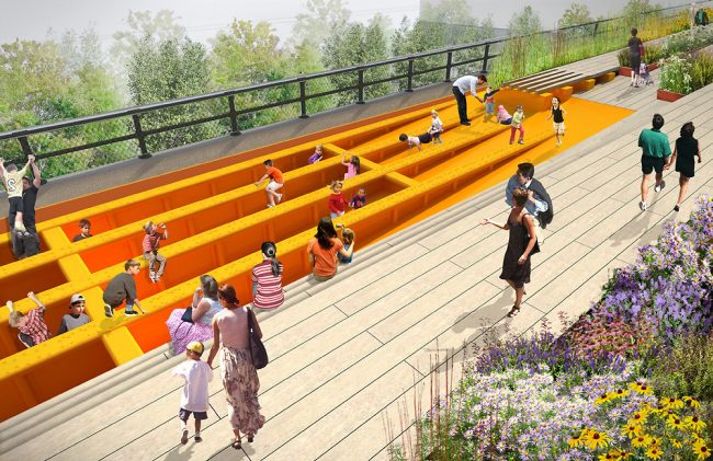In line with previous design strategies on the High Line, designers propose coating the existent steel beams with rubber to create a designated children's play space.