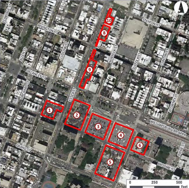 The Seward Park Urban Renewal Area includes nine city-owned parcels near the intersection of Delancey and Essex Streets in the Lower East Side.