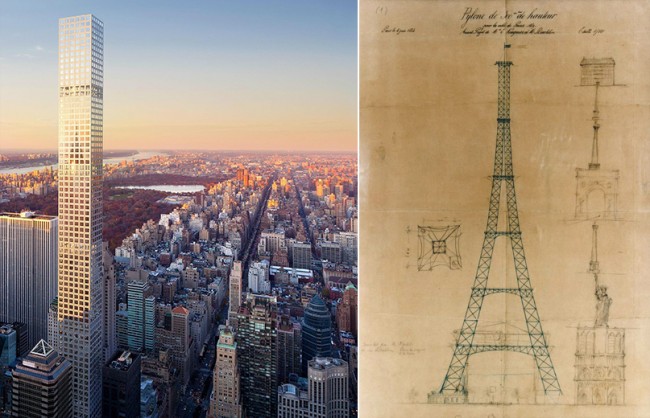 Rendering of 432 Park Avenue (L) and engineer's drawing of the Eiffel Tower (R) | Images via 432 Park Avenue and Le Tour Eiffel