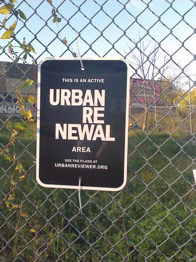 Sign posted at 655 Flushing Avenue, part of the Broadway Triangle Urban Renewal Area | Photo by Jenny Akchin, courtesy of Urban Reviewer