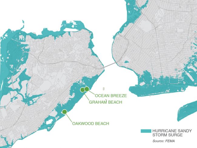 Map of Staten Island communities included in the State-led buyout program with the extent of Sandy's storm surge | Map by Emily Schmidt