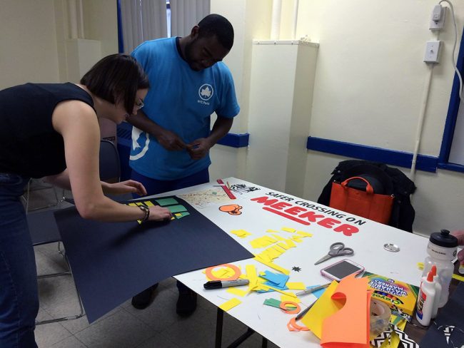 Poster making for a project in District 33 to make crossing Meeker Avenue safer | Photo courtesy of PBNYC