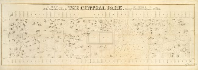 Survey of the site of Central Park, Egbert Viele, 1856. Seneca Village is located in the center, above the receiving reservoir. | Courtesy of the NYC Municipal Archives