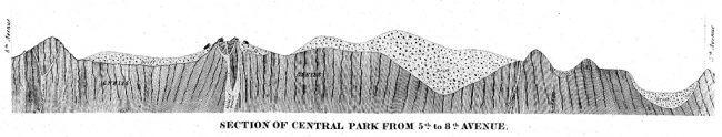 Section illustrating the park’s geology, published as part of Egbert Viele’s survey of the park in First Annual Report on the Improvement of the Central Park (1857)