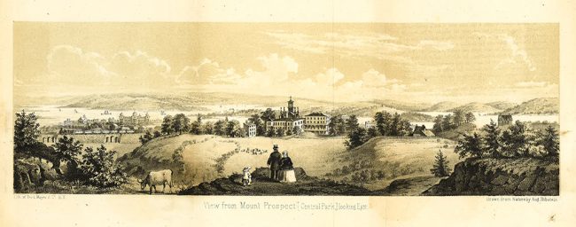 View east from Mount Prospect, which would be incorporated into the park as the Great Hill. The buildings depicted are the Convent of Mount Saint Vincent on the left, and McGowan’s Tavern on the right. Both would also be incorporated into the park. Published as part of Egbert Viele’s survey of the park in First Annual Report on the Improvement of the Central Park (1857). 